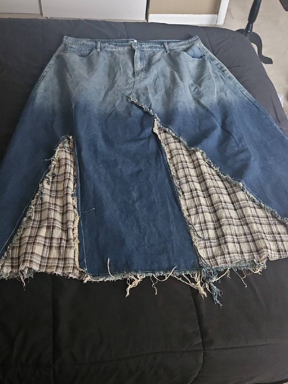 Denim Panel A-Line Skirt with Plaid Inserts - Blue